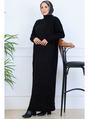 Siyah Fitilli Triko Elbise