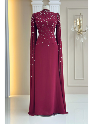Bordo Afra Abiye Elbise