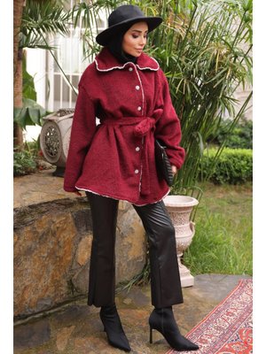 Bordo İnci Detaylı Taş Düğmeli Angora Kaban