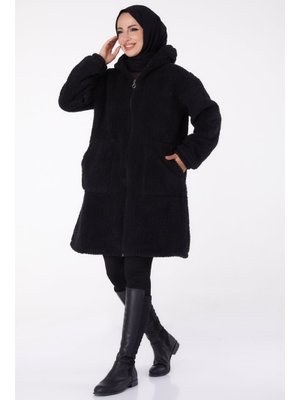 Siyah Sıyah Cepli Peluş Mont