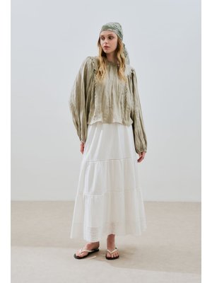 Yeşil Keten Crush Efektli Bluz