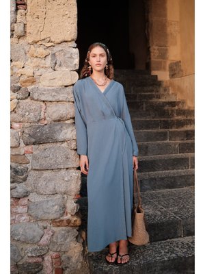 Dokulu Kruvaze Kapamalı Elbise İndigo