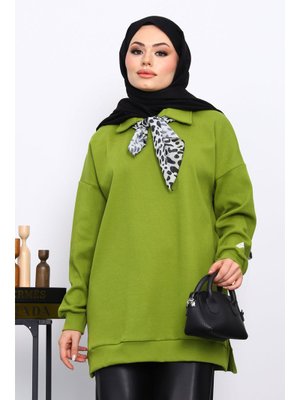 Yağ Yeşili Fular Detaylı Yakalı Tunik