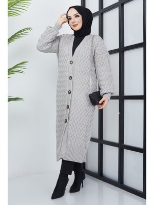 Antrasit Sepet Örgü Düğmeli Tam Boy Triko Hırka