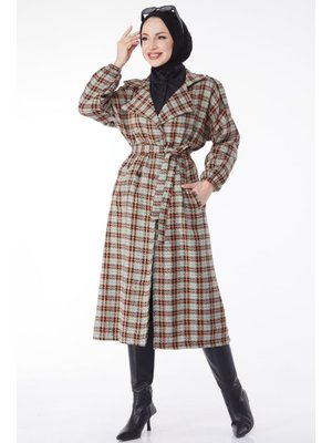 Vizon Vızon Kruvaze Yaka Kuşaklı Kaşe Kaban