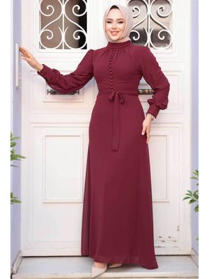 Düğme Detaylı Vişne Elbise 2703vsn
