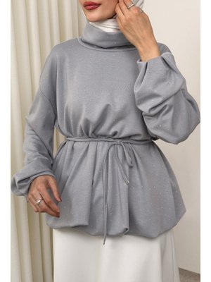 Gri Taş Detaylı Salaş Swit Bluz