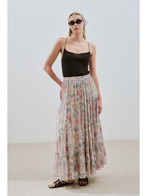 Uzun Büzgülü Şifon Etek Pastel Floral