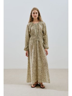 Desenli Pamuklu Büzgülü Elbise Tıny Flower