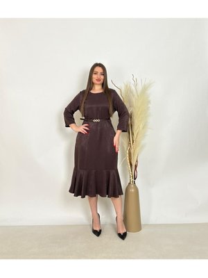 Büyük Beden Alt Etek Kısmı Balık Detaylı Kemerli Elbise Kahve
