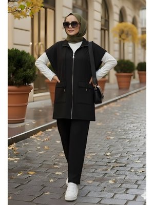 Siyah Scuba Yelek Pantolonlu Üçlü Takım