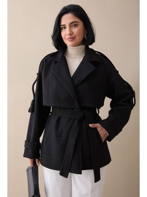 Kolu Apolet Kaşe Siyah Kısa Kaban