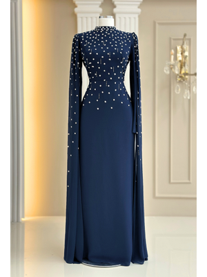 Lacivert Afra Abiye Elbise