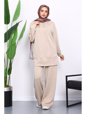 Bej Kapüşonlu Tunik Pantolonlu Takım