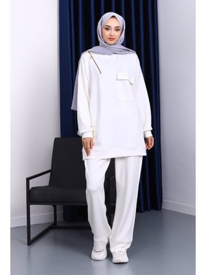 Ekru Tek Cepli Tunik Pantolonlu Modal Takım