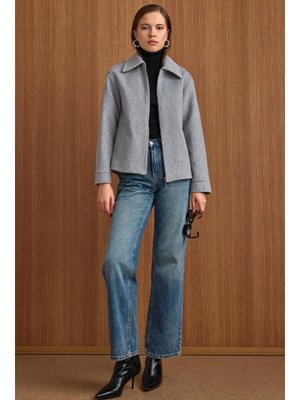 Açık Gri Fermuar Kapamalı Oversize Kısa Kaban