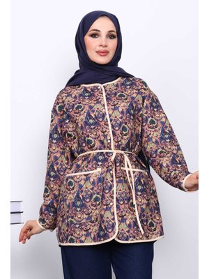 Lacivert Etnik Desenli Cepli Ceket