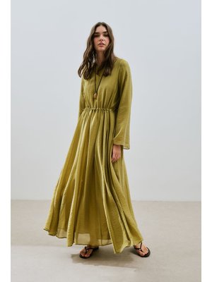 Sarı Beli Ayarlamalı Uzun Elbise