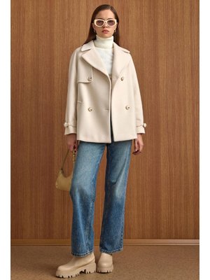 Ekru Pelerin Ve Kol Patı Detaylı Kruvaze Kısa Kaban