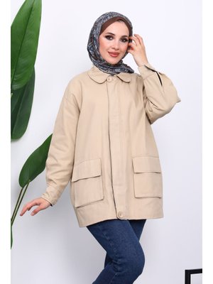 Bej Cep Detaylı Fermuarlı Gabardin Ceket