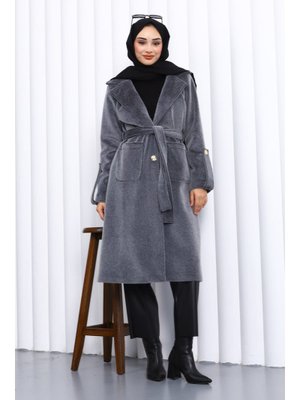 Füme Kruvaze Yaka Kol Apoletli Angora Kaban