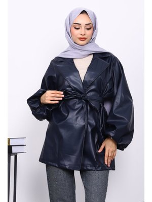 Lacivert Balon Kol Kuşaklı Deri Ceket