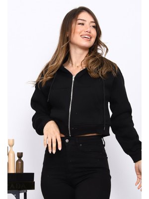 Siyah Kısa Kanguru Cepli Fermuarlı Üç İplik Sweat Hırka
