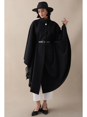 Kemerli Kaşe Siyah Uzun Panço