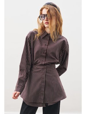 Bağlama Aksesuarlı Gömlek Kahve Çizgili
