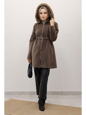 Kahverengi Kapüşonlu Fermuarlı Fox Kaban