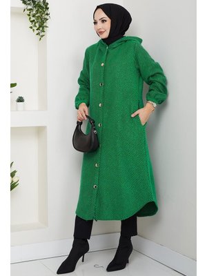 Yeşil Çizgi Detay Kapüşonlu Kaşe Kap