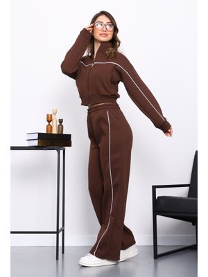 Kahverengi Üç İplik Sweat Hırka Pantolonlu Takım
