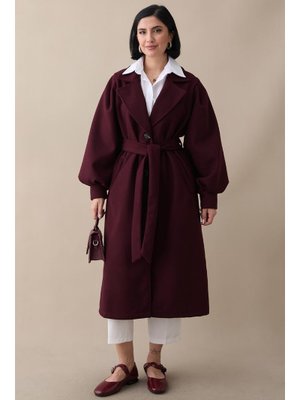 Kruvaze Balon Kol Kuşaklı Astarsız Mürdüm Kaşe Kaban