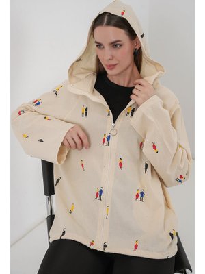 Ekru Kapüşonlu Desenli Keten Ceket