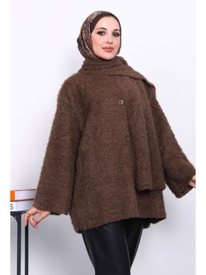 Kahverengi Kayık Yaka Atkılı Ceket
