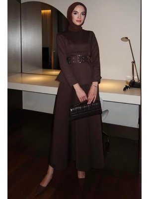 Kahverengi Volan Kemerli Scuba Elbise