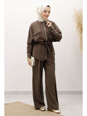 Kahverengi Beli Büzgülü Fermuarlı İkili Takım