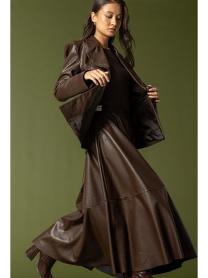 Parçalı Kloş Deri Etek Kahve