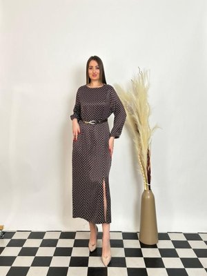 Büyük Beden Alt Etek Kısmı Yırtmaç Detaylı Kemerli Elbise Kahve