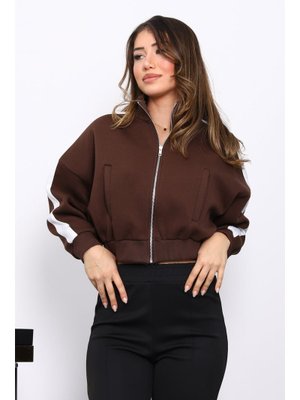 Kahverengi Fermuarlı Üç İplik Sweat Hırka