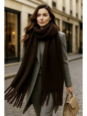 Kahverengi Püskül Detay Atkı Omuz Şalı 40x200 Cm 1295