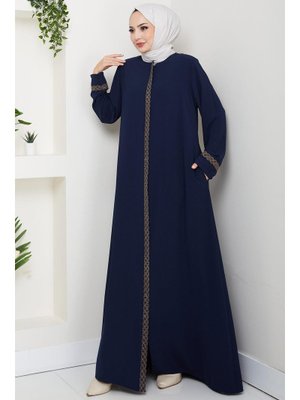 Lacivert Çiçek Nakışlı Büyük Beden Ferace