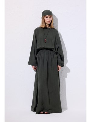 Yeşil Müslin Beli Büzgülü Elbise Koyu