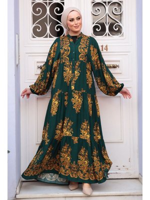 Desenli Zümrüt Yeşili Elbise 3035zy