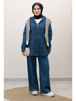 Açık Mavi Fermuarlı Kapüşonlu Kot Takım