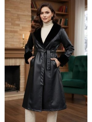 Yakası Tüylü Kuşaklı İçi Astarlı Deri Siyah Trençkot