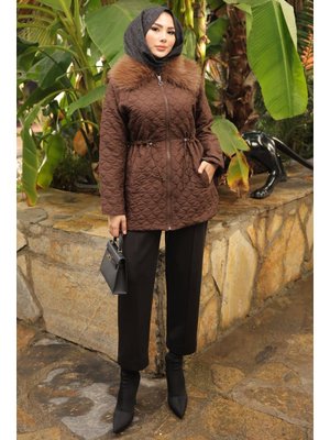 Kahverengi Yaka Kürklü Kapitone Mont