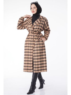 Kahve Kruvaze Yaka Kuşaklı Kaşe Kaban