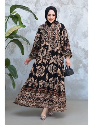 Desenli Siyah Elbise 30025s