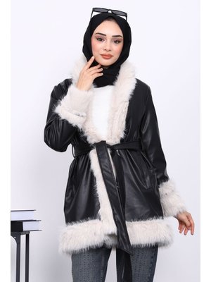 Siyah Kürk Detaylı Kuşaklı Deri Trenç Ceket